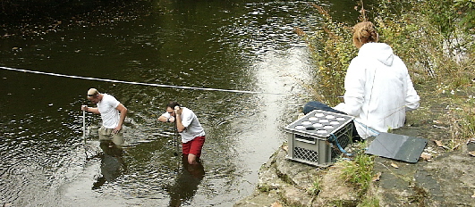 Carson Jones, Lucas Conkle, and Angela Romito collect suspended sediment along the Cuyahoga River