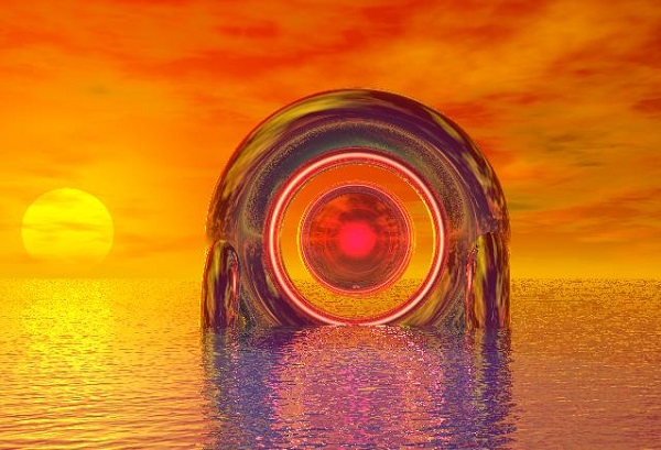 metallic arch with red orb in middle at sunset
