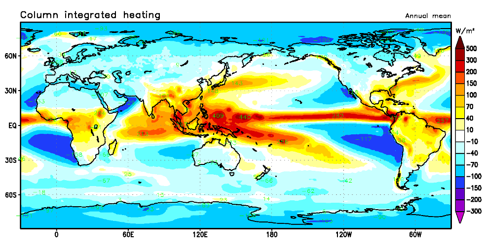 global map showing where the atmosphere is heated.