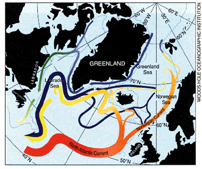 Map of surface and deep circulation in the far North Atlantic.