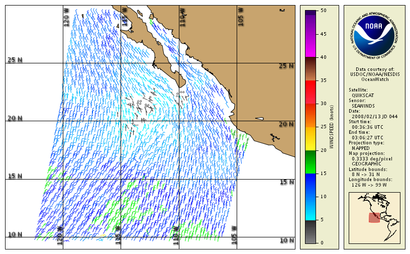 quikscat scatterometer winds in eastern tropical pacific on 