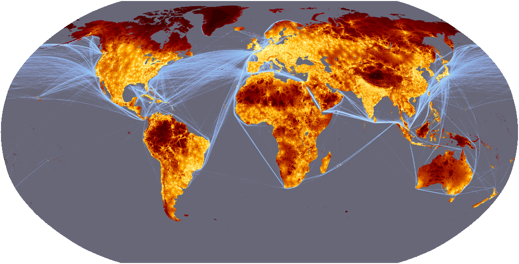 image showing time to reach any point on land from a major city and major oceanic ship routes