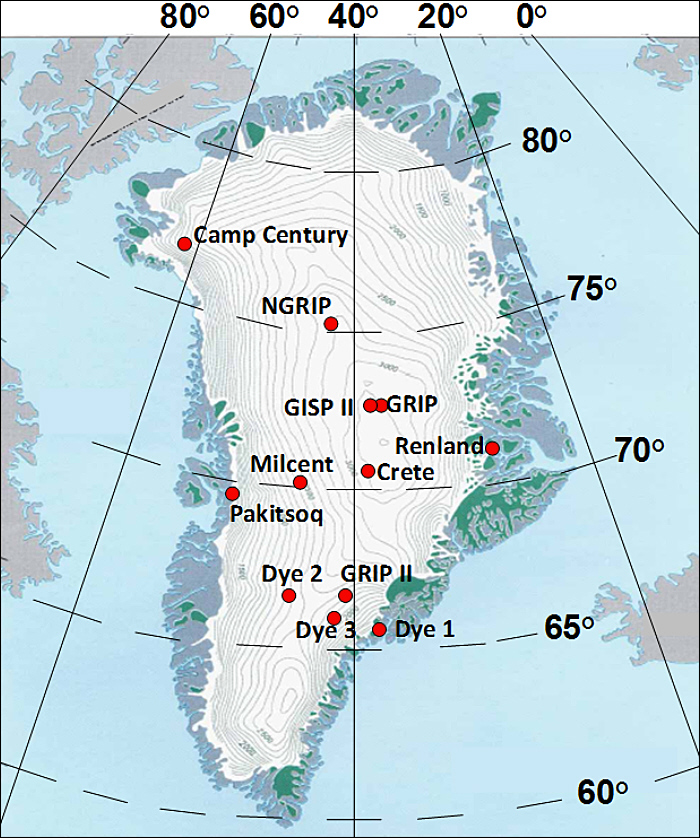 map showing location of ice cores in greenland