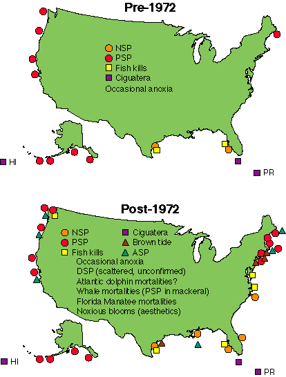 maps of harmful algal bloom distribution in 1970 and 2000