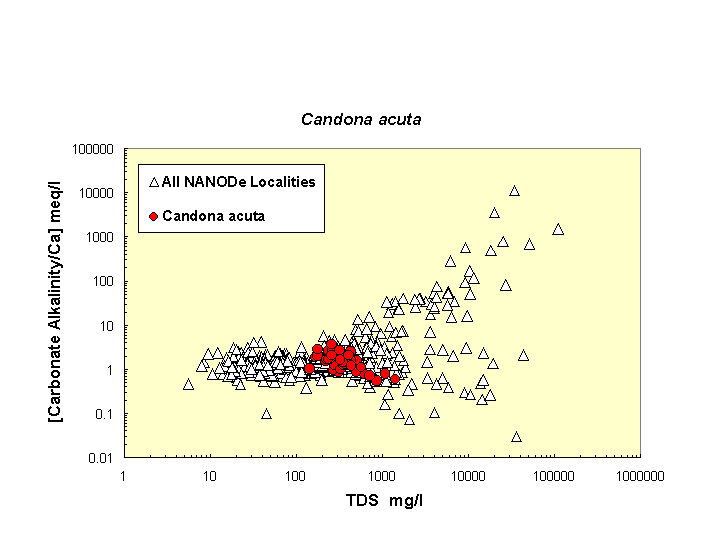 Scatter plot of Cacuta distribution in solute space: total dissolved solids vs. bicarbonate-carbonate to calcium ratio