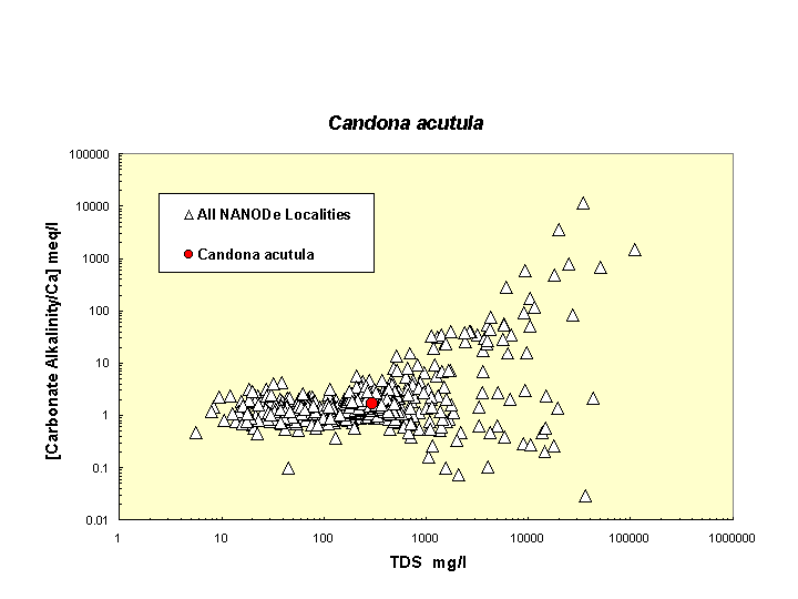 Scatter plot of Cacutula distribution in solute space: total dissolved solids vs. bicarbonate-carbonate to calcium ratio