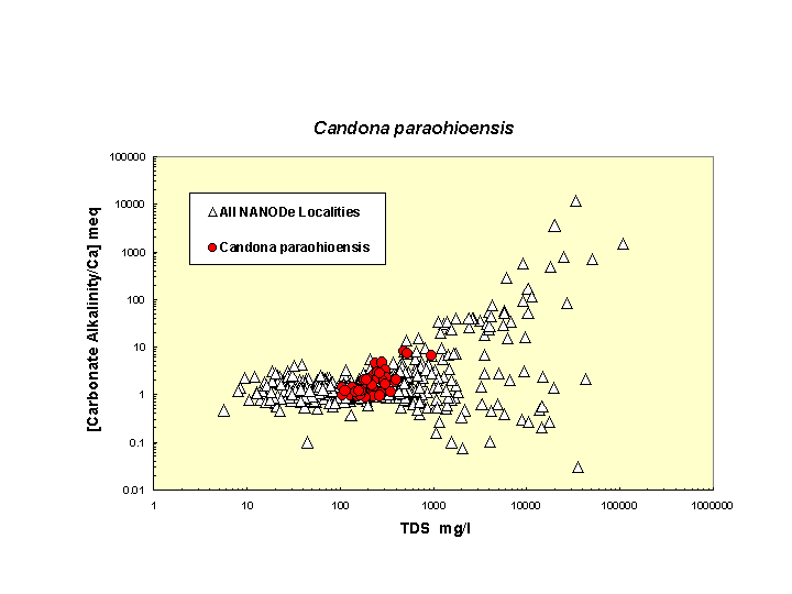 Scatter plot of Cparaohioensis distribution in solute space: total dissolved solids vs. bicarbonate-carbonate to calcium ratio