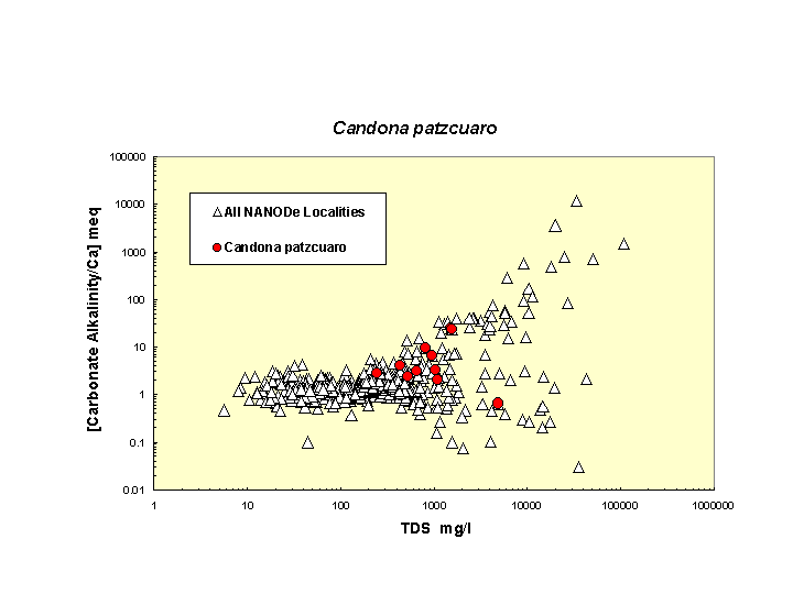 Scatter plot of Cpatzcuaro distribution in solute space: total dissolved solids vs. bicarbonate-carbonate to calcium ratio