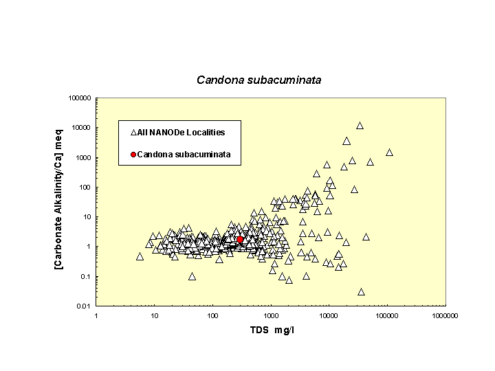 Scatter plot of Csubacuminata distribution in solute space: total dissolved solids vs. bicarbonate-carbonate to calcium ratio