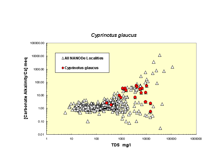 Scatter plot of Cypringlaucus distribution in solute space: total dissolved solids vs. bicarbonate-carbonate to calcium ratio