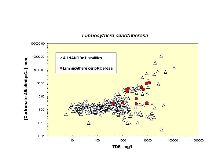 Scatter plot of Limceriotuberosa distribution in solute space: total dissolved solids vs. bicarbonate-carbonate to calcium ratio