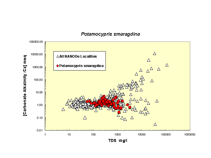 Scatter plot of Potsmaragdina distribution in solute space: total dissolved solids vs. bicarbonate-carbonate to calcium ratio