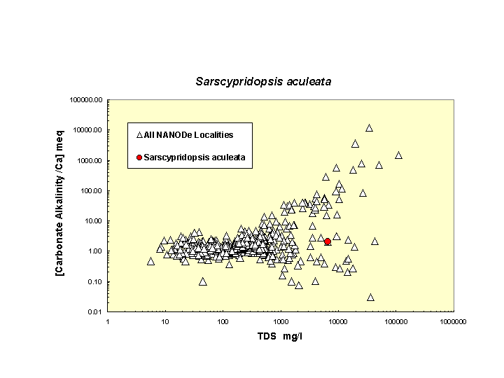 Scatter plot of Sarsaculeata distribution in solute space: total dissolved solids vs. bicarbonate-carbonate to calcium ratio