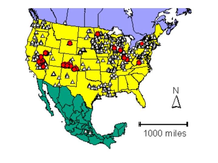 Distribution map showing presence and absence sites for Cavwardi across North America