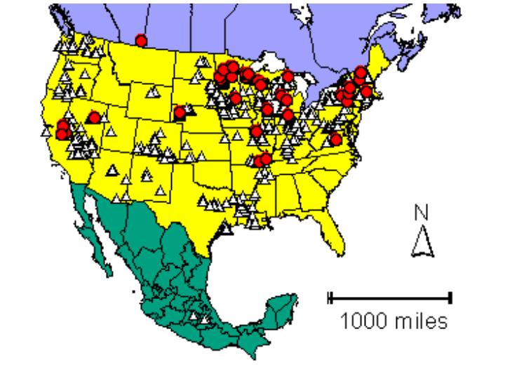 Distribution map showing presence and absence sites for Cycovum across North America