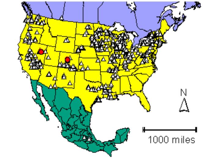 Distribution map showing presence and absence sites for Cycserena across North America
