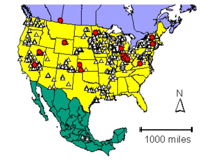 Distribution map showing presence and absence sites for Cypridokeechobei across North America