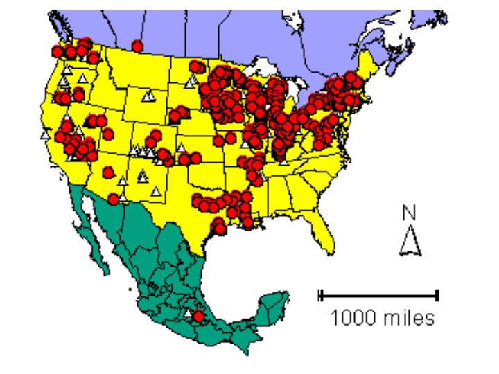 Distribution map showing presence and absence sites for Cypridvidua across North America
