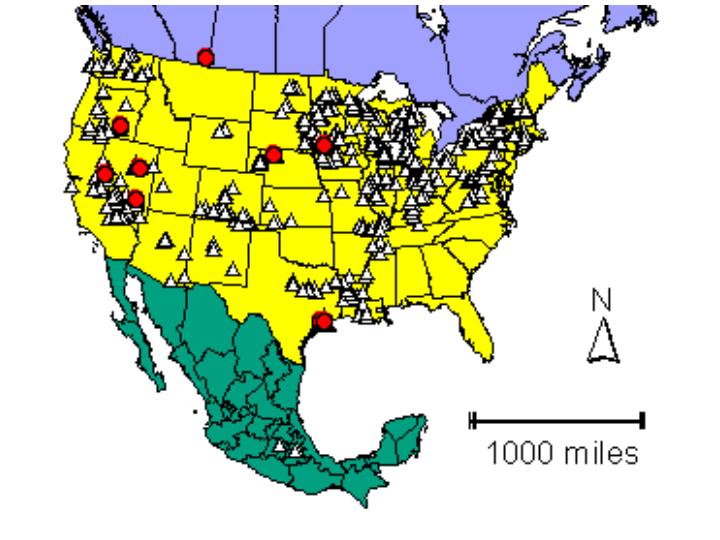 Distribution map showing presence and absence sites for Cyprispubera across North America