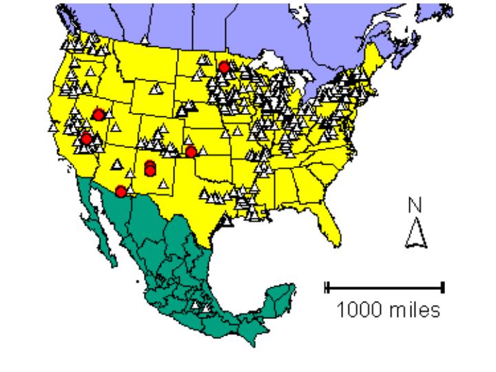 Distribution map showing presence and absence sites for Eucypmeadensis across North America