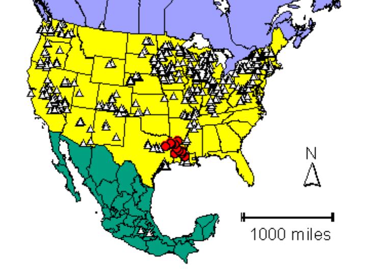 Distribution map showing presence and absence sites for Fbalatonica across North America