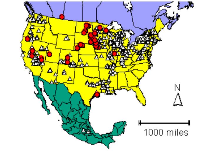 Distribution map showing presence and absence sites for Frawsoni across North America