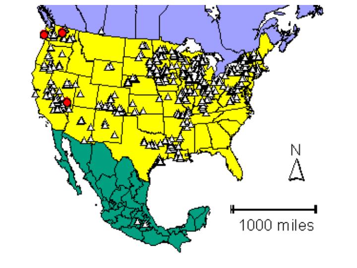 Distribution map showing presence and absence sites for Herpreptans across North America