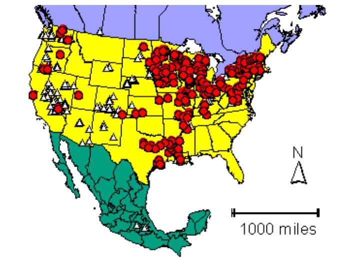 Distribution map showing presence and absence sites for Physglobula across North America