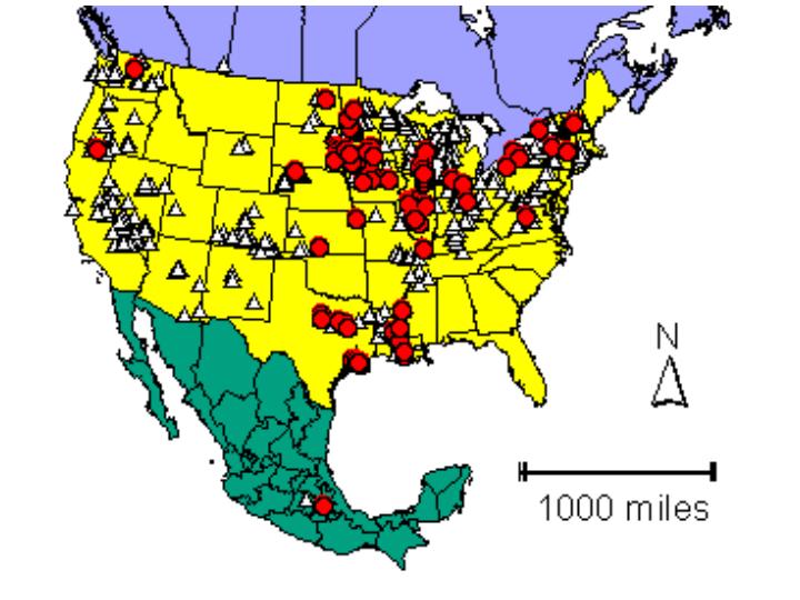 Distribution map showing presence and absence sites for Potsmaragdina across North America