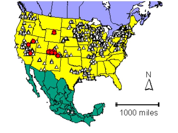 Distribution map showing presence and absence sites for Prioncanadensis across North America