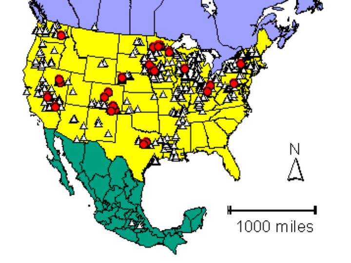 Distribution map showing presence and absence sites for Pstagnalis across North America