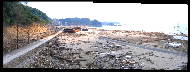 Trim line near 30 m above sea level and sand sheet deposited by the 2004 Indian Ocean tsunami at Lhok Nga, Indonesia