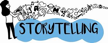 The word "storytelling", with a girl standing, holding an open book that has object flowing out of the book.