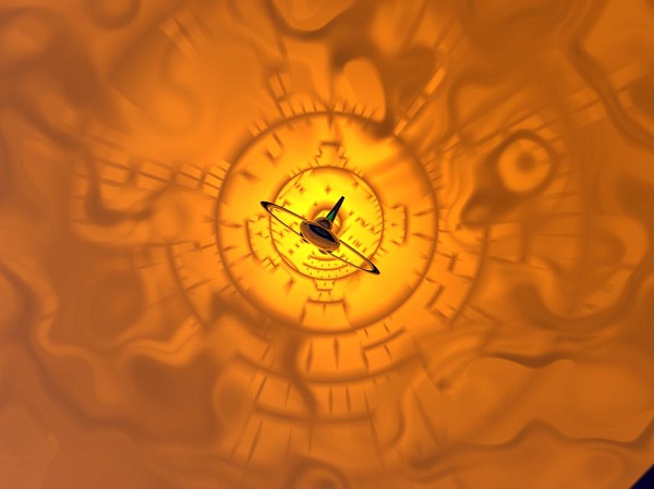 Small black star ship surfing on a solar flare from above viewpoint