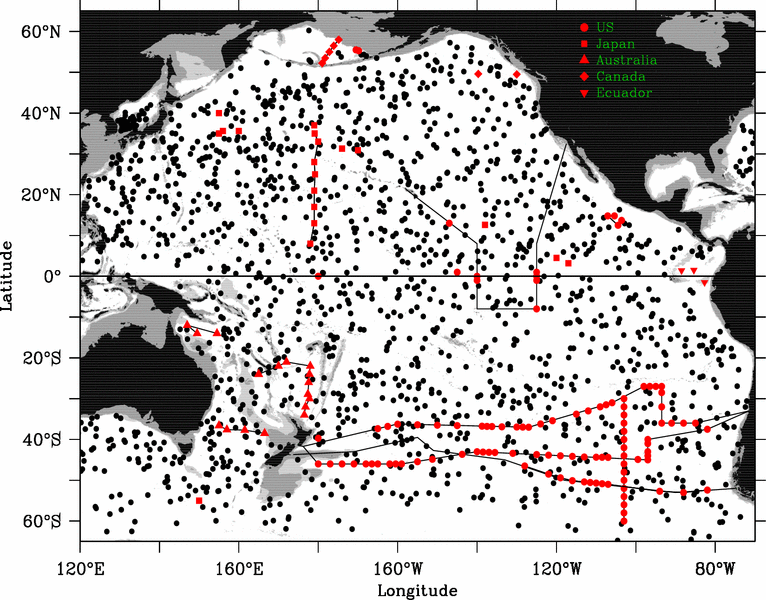 distribution of argo floats in the Pacific in August 2007